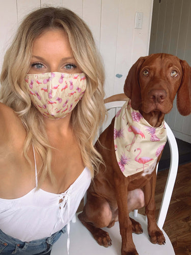 Matching Face Mask and Dog Bandana - Flamingo Power