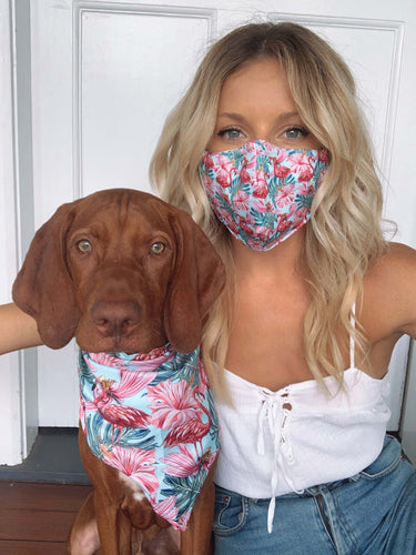 Matching Face Mask and Dog Bandana - Flamingos in Paradise